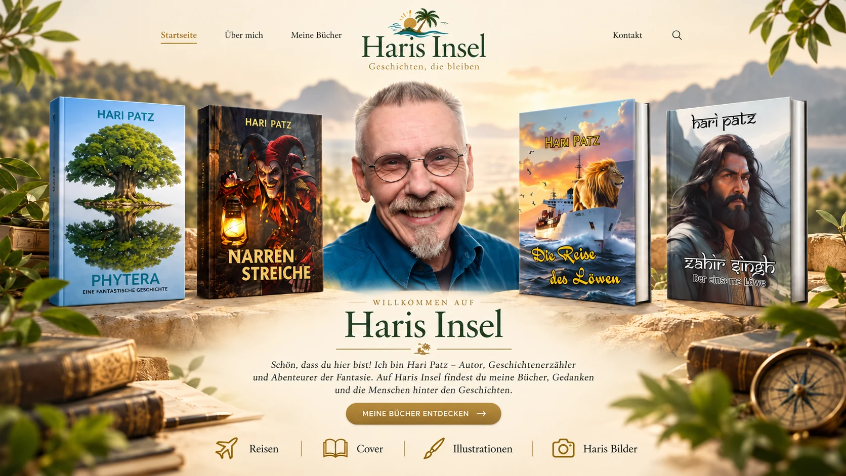 Haris Insel – Bücher und Geschichten von Hari Patz, mit vier Buchcovern und Autorenporträt